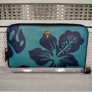Prada Blue Floral Long Zippt Wallet RARE